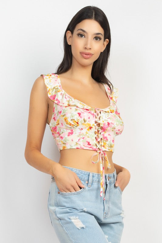 FLORAL RUFFLED TRIM LACE-UP TOP