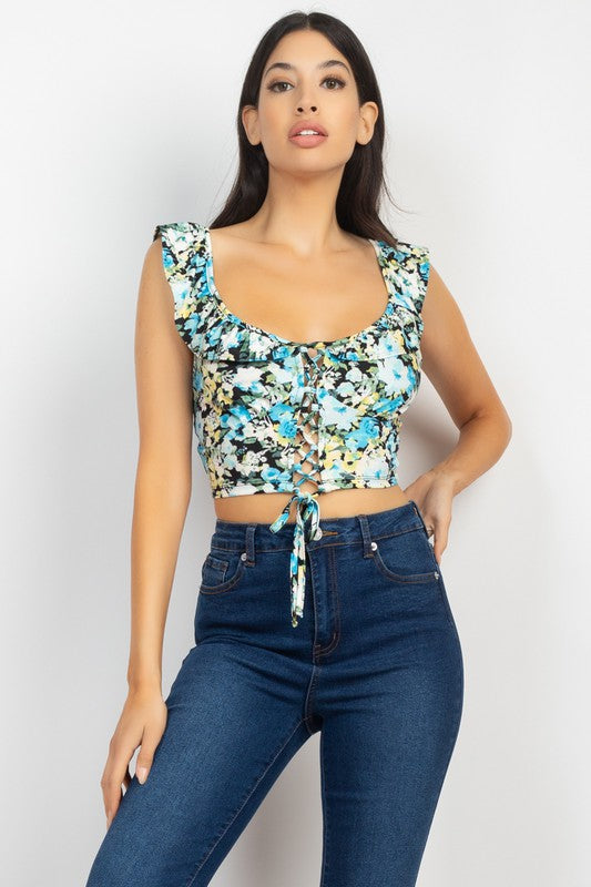 FLORAL RUFFLED TRIM LACE-UP TOP