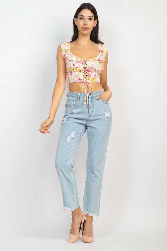 FLORAL RUFFLED TRIM LACE-UP TOP