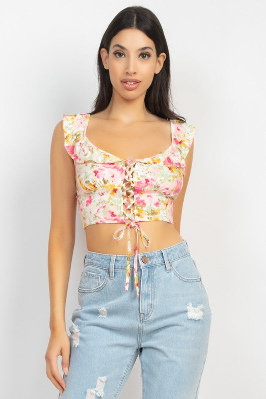 FLORAL RUFFLED TRIM LACE-UP TOP