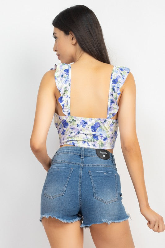 FLORAL RUFFLED TRIM LACE-UP TOP