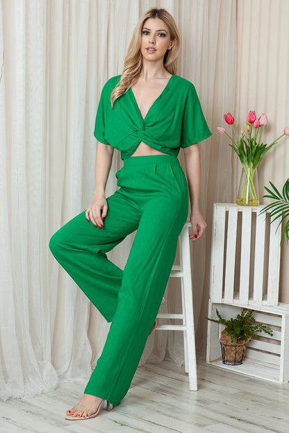 2 PCs Crop Top & Pants Linen Set