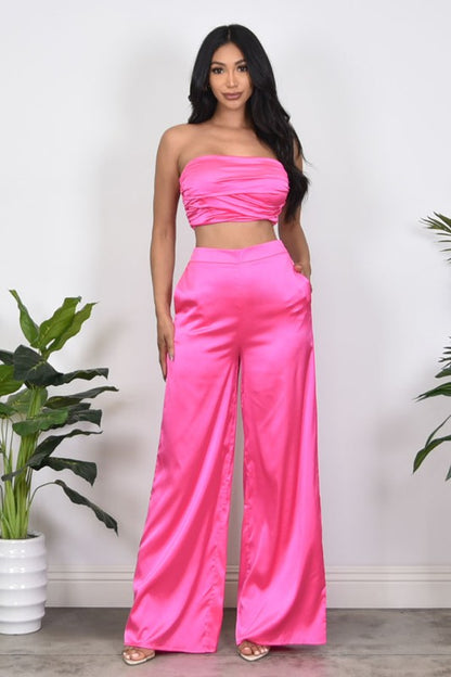 SATIN EFFECT TUBE TOP 2PC PANTS SET