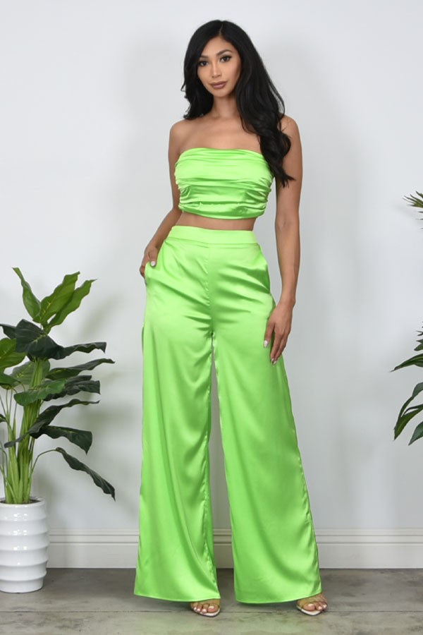 SATIN EFFECT TUBE TOP 2PC PANTS SET