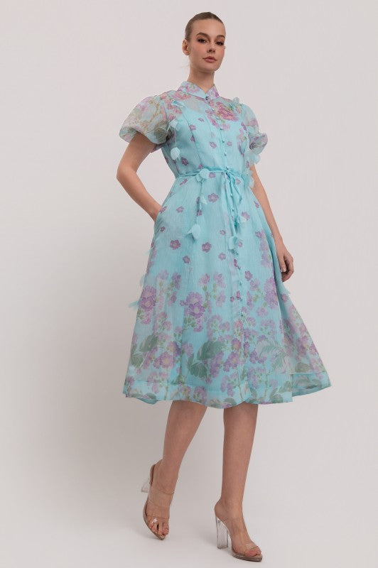 SHORT SLEEVES BUTTON DOWN FLORAL MIDI DRESS