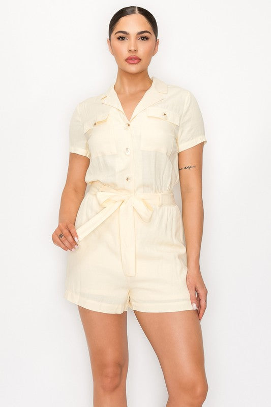 COLLARED SOLID BELTED BUTTON-DOWN ROMPER