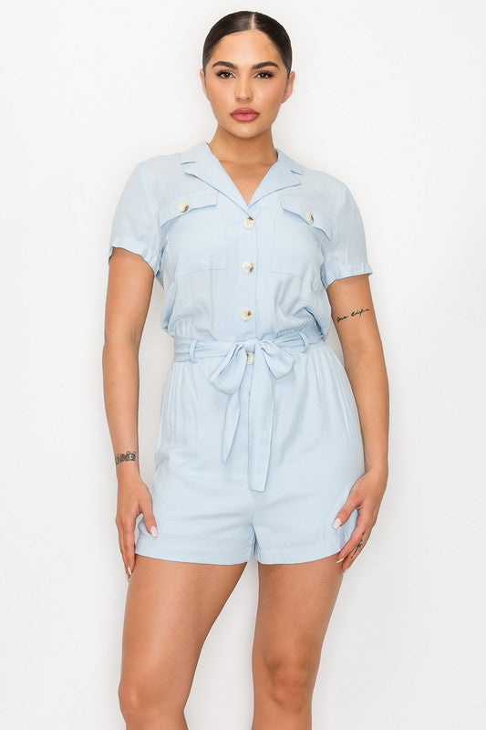 COLLARED SOLID BELTED BUTTON-DOWN ROMPER