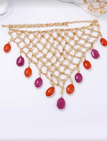 METAL GRID SHAPED PENDANT GOLD NECKLACE