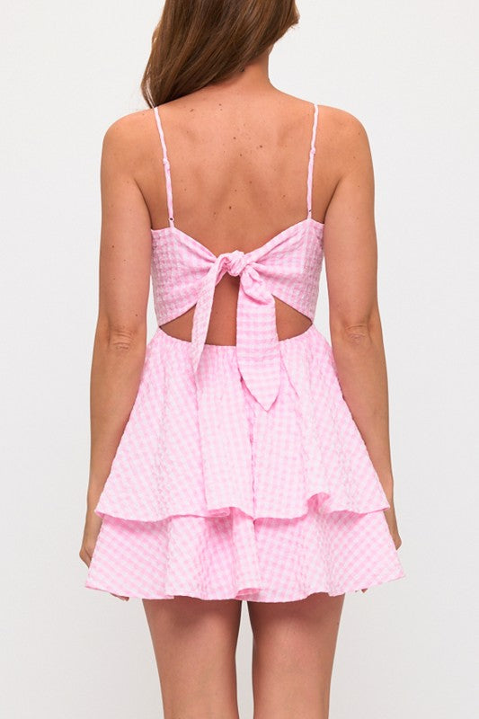 GINGHAM BOW BUST TIE BACK MINI DRESS