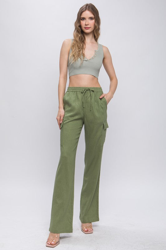 LINEN STRAIGHT LEG CARGO PANTS