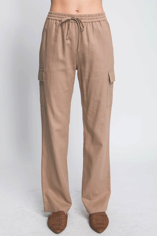 LINEN STRAIGHT LEG CARGO PANTS