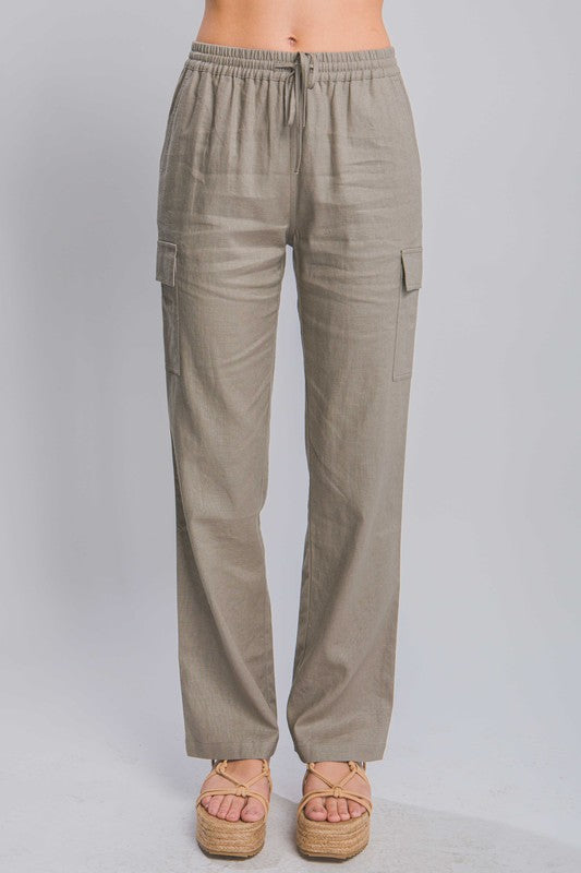 LINEN STRAIGHT LEG CARGO PANTS