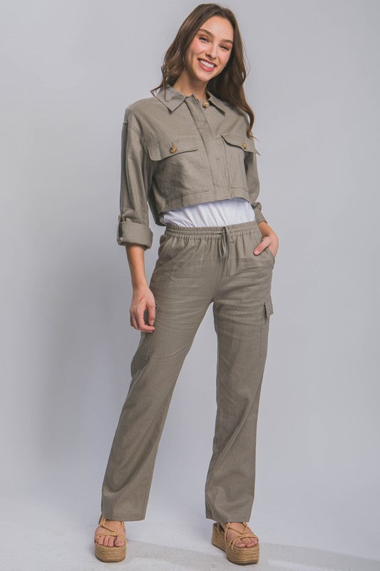 LINEN STRAIGHT LEG CARGO PANTS