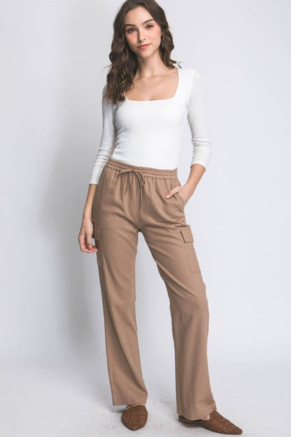 LINEN STRAIGHT LEG CARGO PANTS