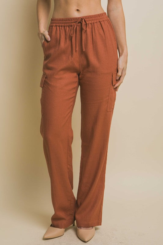 LINEN STRAIGHT LEG CARGO PANTS