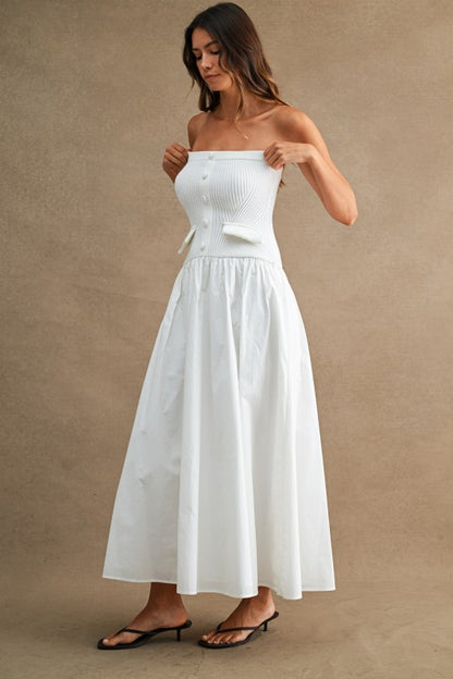 STRAPLESS RIBBED KNIT BODICE POPLIN MIX MAXI DRESS