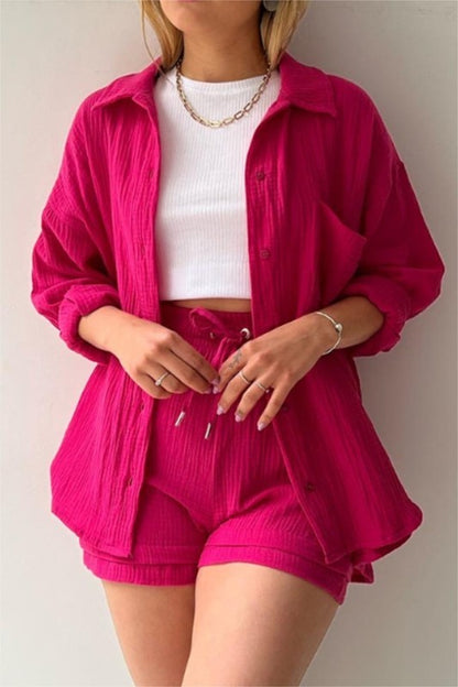 Ruffle Collar Long Sleeve Shirt Drawstring Shorts