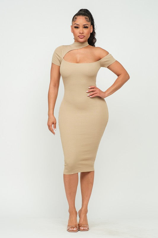 TURTLE NECK ONE SHOULDER SHORT SLEEVE MIDI DRESS