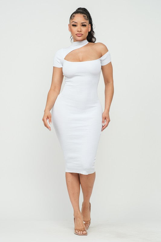 TURTLE NECK ONE SHOULDER SHORT SLEEVE MIDI DRESS