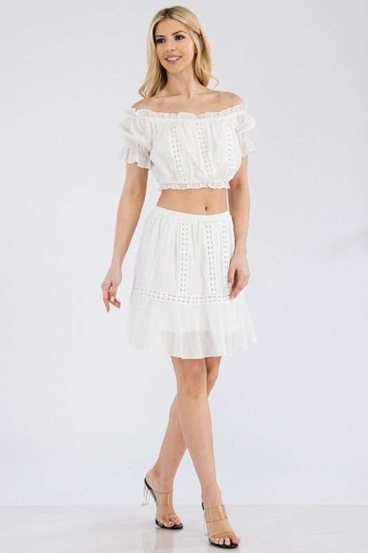 LACE INSERT OFF SHOULDER CROP TOP WITH SKIRT SET