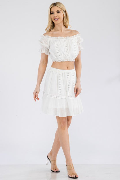 LACE INSERT OFF SHOULDER CROP TOP WITH SKIRT SET