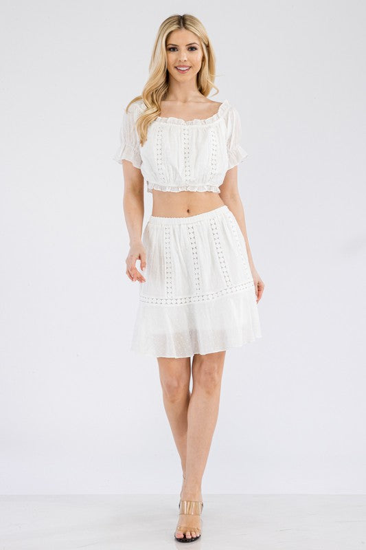 LACE INSERT OFF SHOULDER CROP TOP WITH SKIRT SET