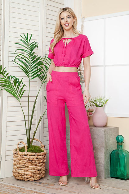 BUTTON DOWN TOP & WIDE LEG PANTS SET