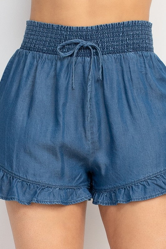 Smocked Waist Ruffled Denim Shorts