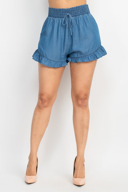 Smocked Waist Ruffled Denim Shorts