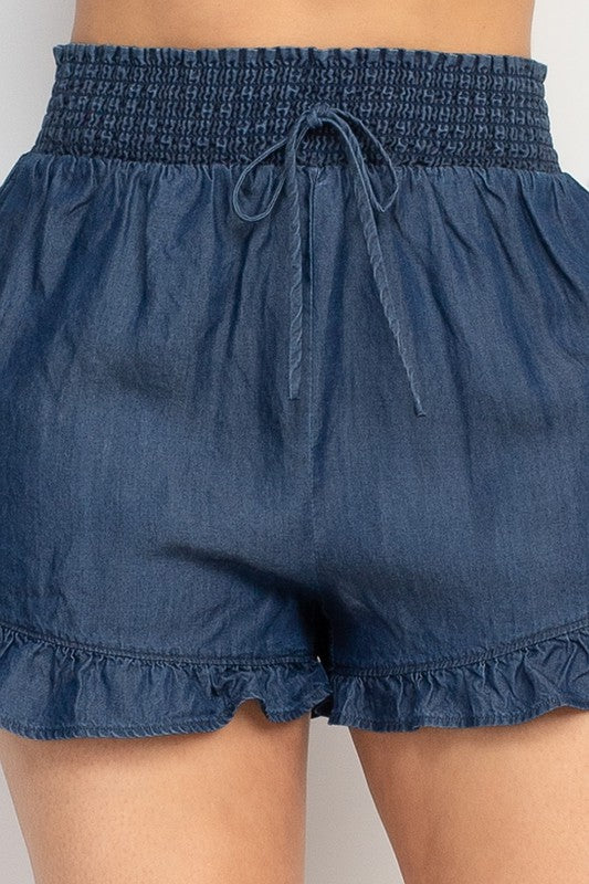 Smocked Waist Ruffled Denim Shorts