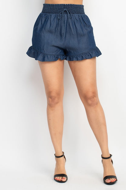 Smocked Waist Ruffled Denim Shorts