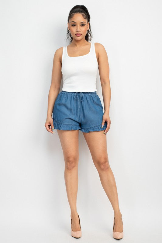 Smocked Waist Ruffled Denim Shorts