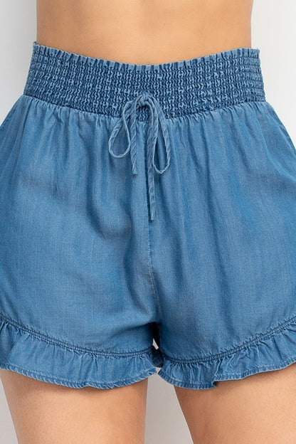 Smocked Waist Ruffled Denim Shorts