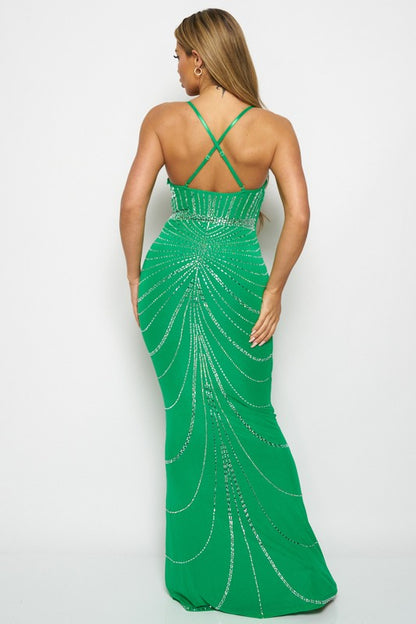 RHINESTONE DEEP V-NECK MERMAID MAXI DRESS