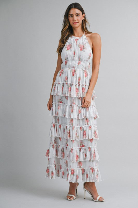 PRINTED FLORAL TIERED MIDI SUMMER DRESS