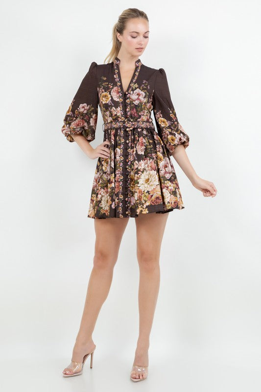 FLORAL LONG SLEEVE BELTED MINI DRESS