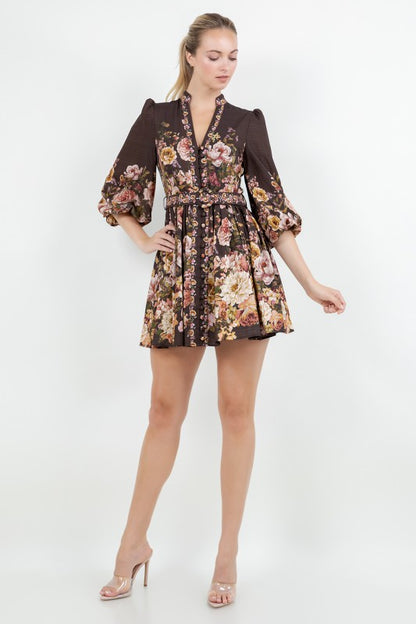 FLORAL LONG SLEEVE BELTED MINI DRESS