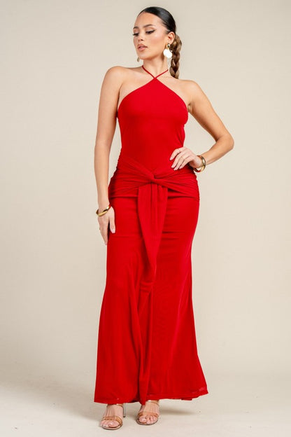 MESH WAIST TWIST SASH MAXI DRESS