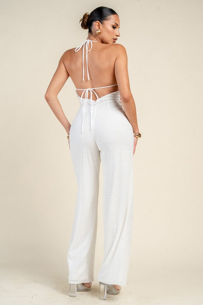 PATTERN KNIT WAIST LACE-UP JUMPSUIT