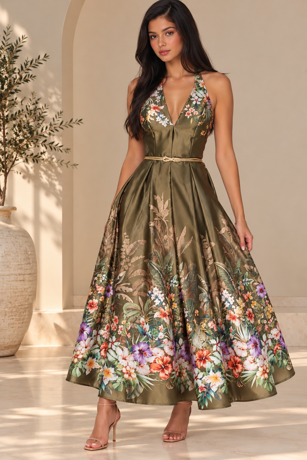 TROPICAL FLORAL HALTER BELTED MAXI DRESS