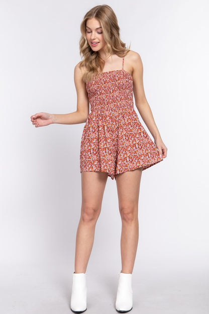 SMOCKED CAMI PRINT WOVEN ROMPER