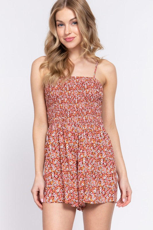 SMOCKED CAMI PRINT WOVEN ROMPER