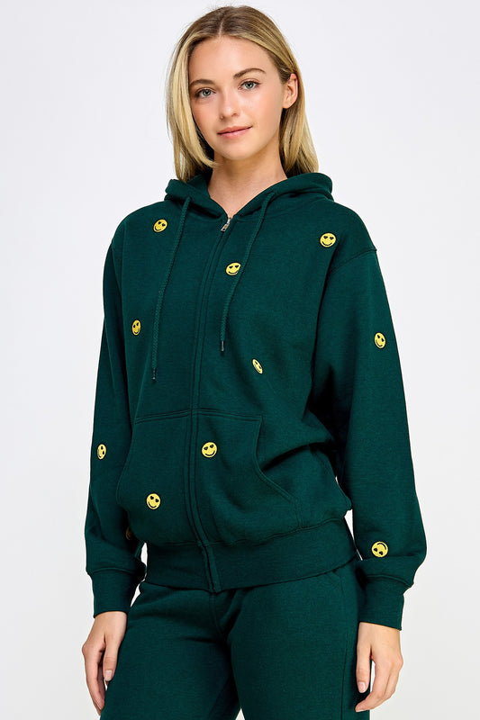 FLEECE OVERSIZED SMILEY EMBROIDERY ZIP UP HOODIE