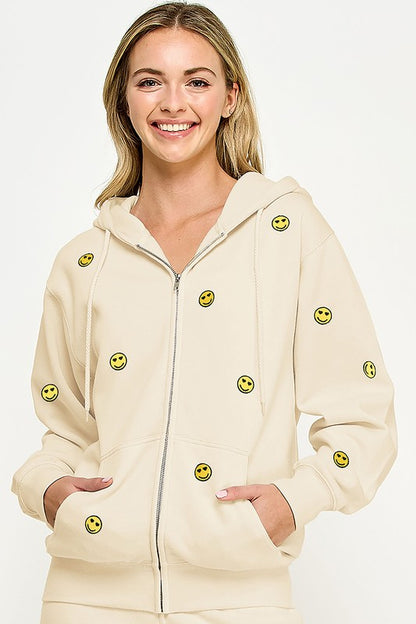 FLEECE OVERSIZED SMILEY EMBROIDERY ZIP UP HOODIE