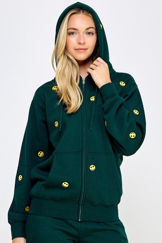 FLEECE OVERSIZED SMILEY EMBROIDERY ZIP UP HOODIE