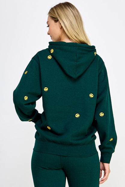 FLEECE OVERSIZED SMILEY EMBROIDERY ZIP UP HOODIE