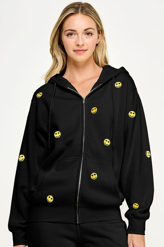 FLEECE OVERSIZED SMILEY EMBROIDERY ZIP UP HOODIE