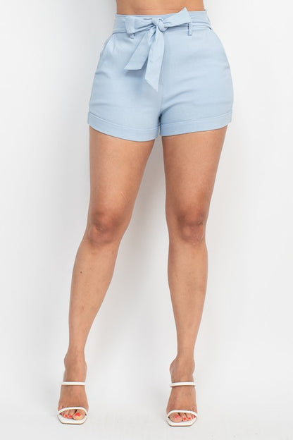 Sash Belt Cuffed Hem Shorts