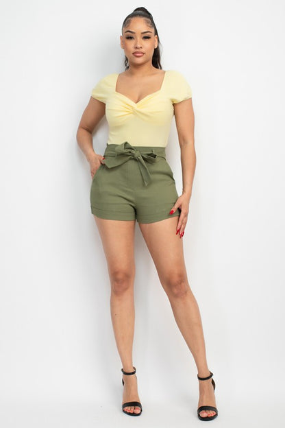 Sash Belt Cuffed Hem Shorts