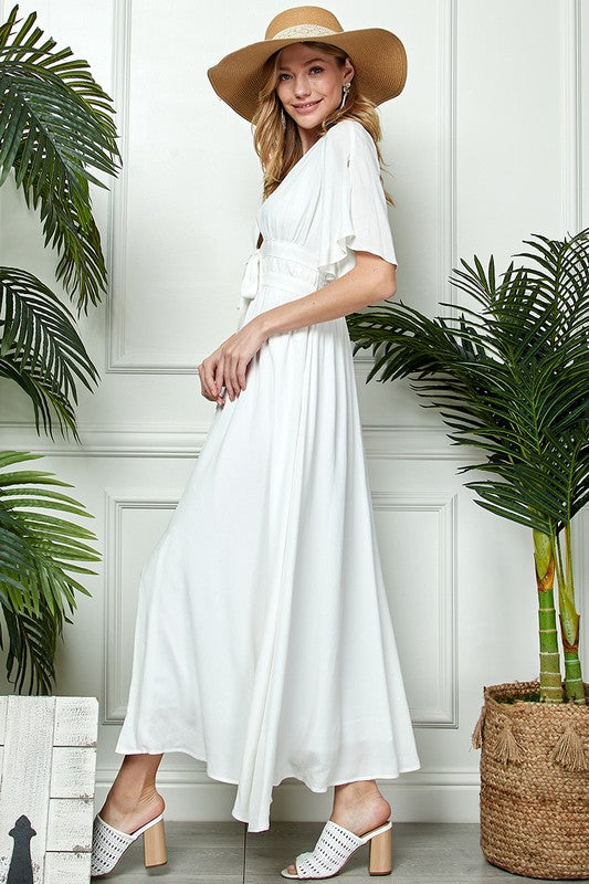 Linen Touch Deep-V Neckline Full Dress